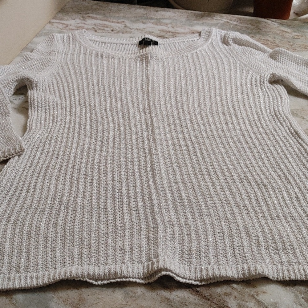 Talbots White Linen 3/4 Sleeve Crew Neck Pullover Sweater Silver Lurex XSP-SP